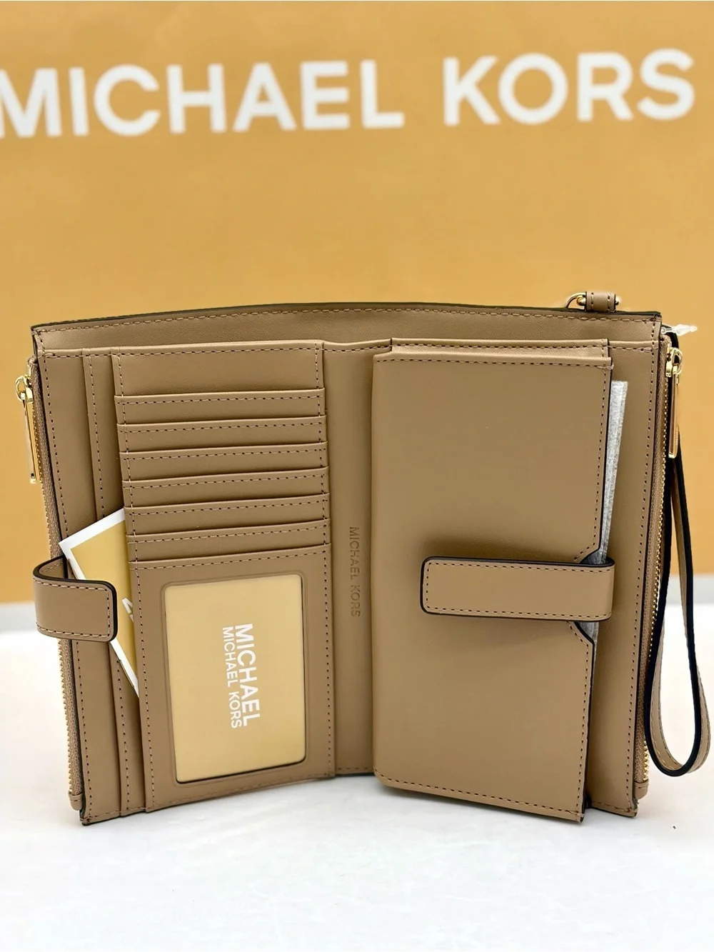Michael Kors Brown & White Floral Logo Wristlet